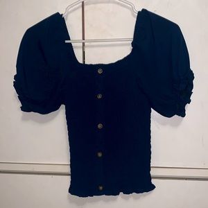 dark blue scrunched blouse